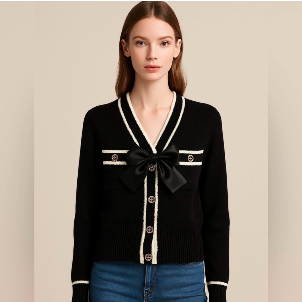 Black and White Women's Sweater with Bow Detail